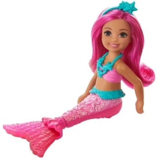 Panenka Barbie Dreamtopia Chelsea Mermaid s růžovými vlasy a ocasem, královská čelenkou, malá panenka se ohýbá v pase